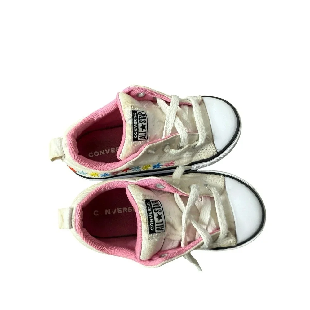White Converse. Pink Lining. Embroidered Flowers. Girl's‎ 9